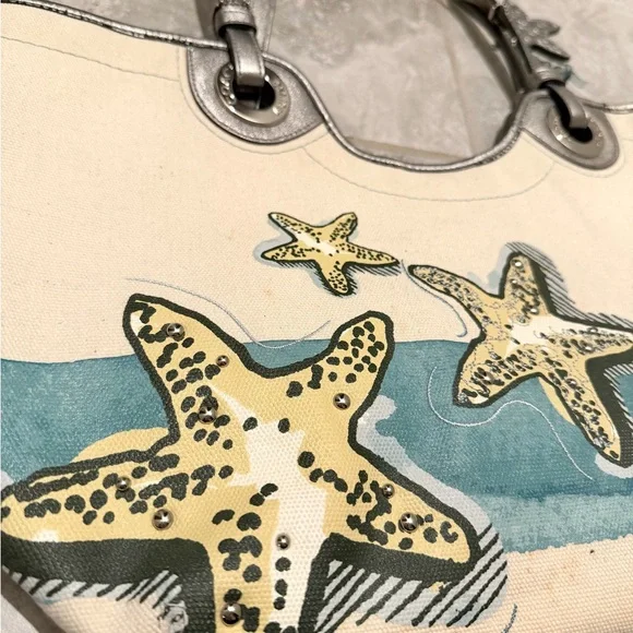COACH Canvas Tote Bag | Starfish Print | Silver Leather Trim - Picture 2 of 14